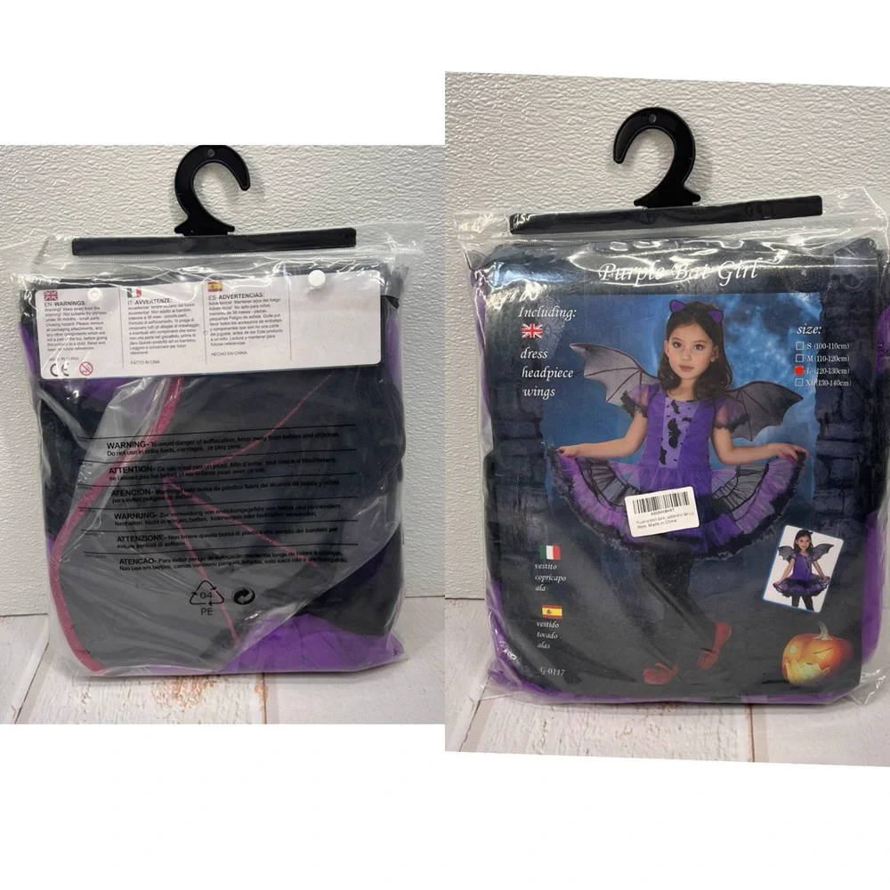 NWT Girls Bat Witch Costume Halloween‎ Cosplay Fancy Dress Up with Bat Wings L